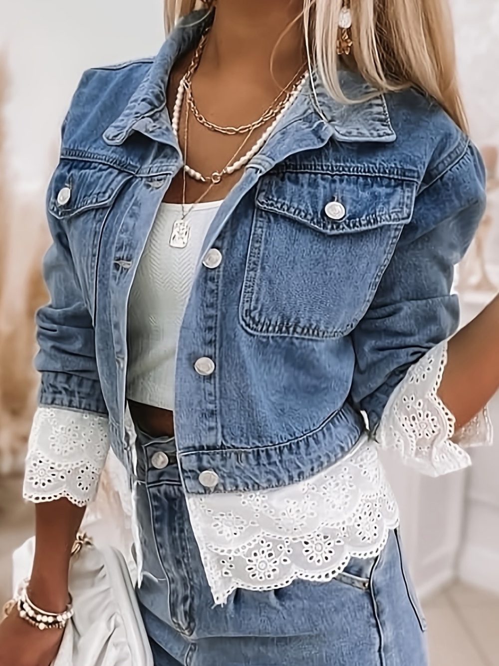 🩵Hello Gorgeous! Classic Blue Cropped Denim Jacket with White Lace Trim